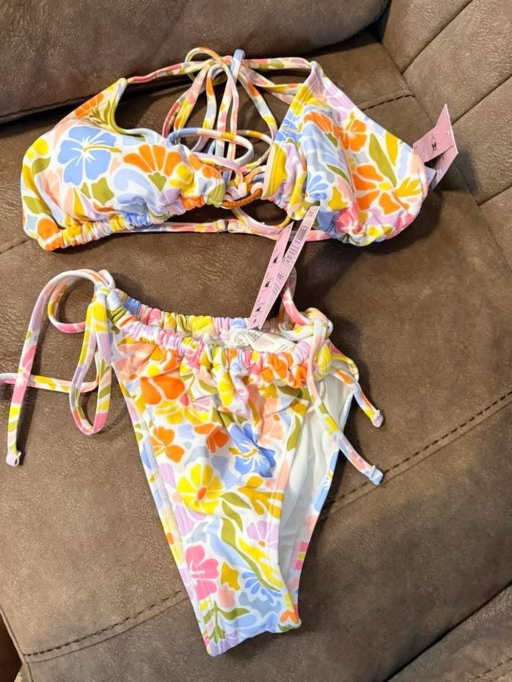wild fable Floral Lace-Up Triangle Bikini — White, Orange, Yellow, Blue, Pink